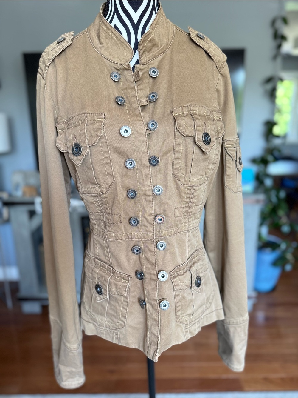 Twill Twenty Two Women's Khaki Utility Jacket with Double-Breasted Buttons